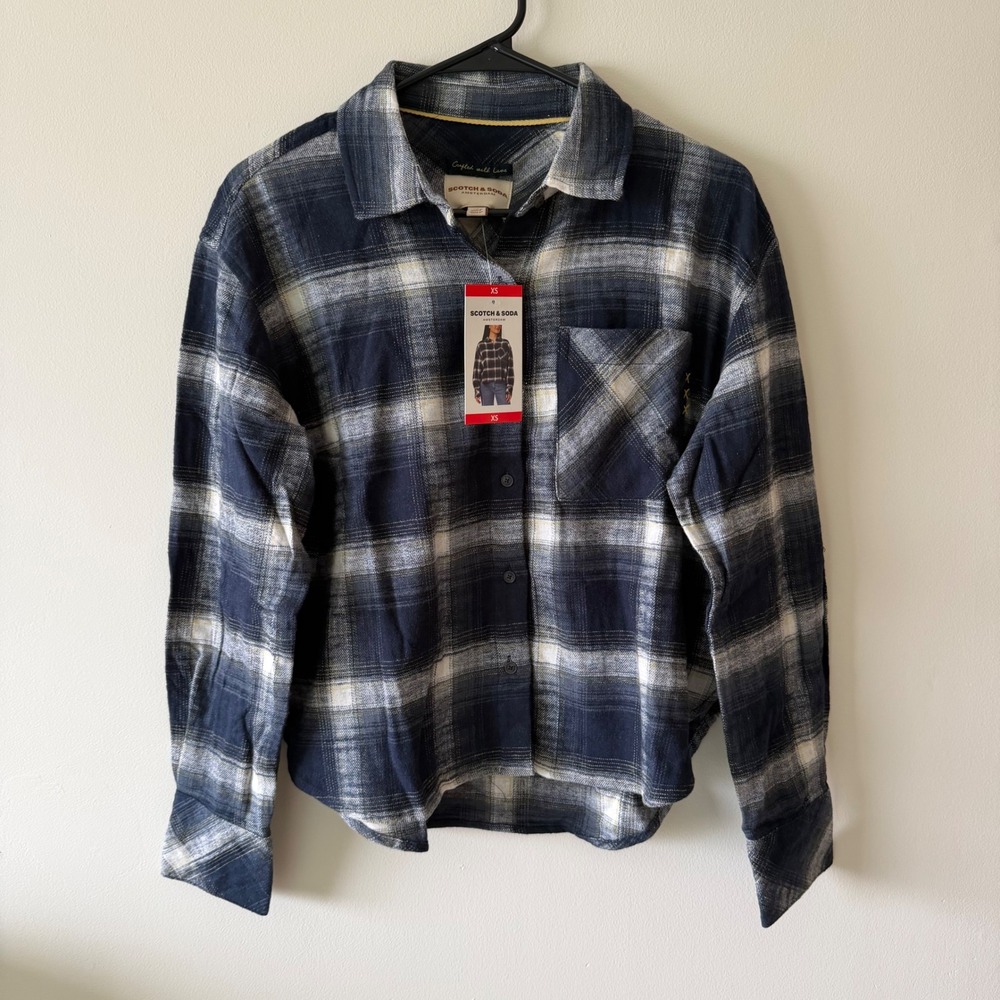 NEW Women's XS Scotch & Soda Amsterdam Navy White Plaid Cotton Flannel Shirt